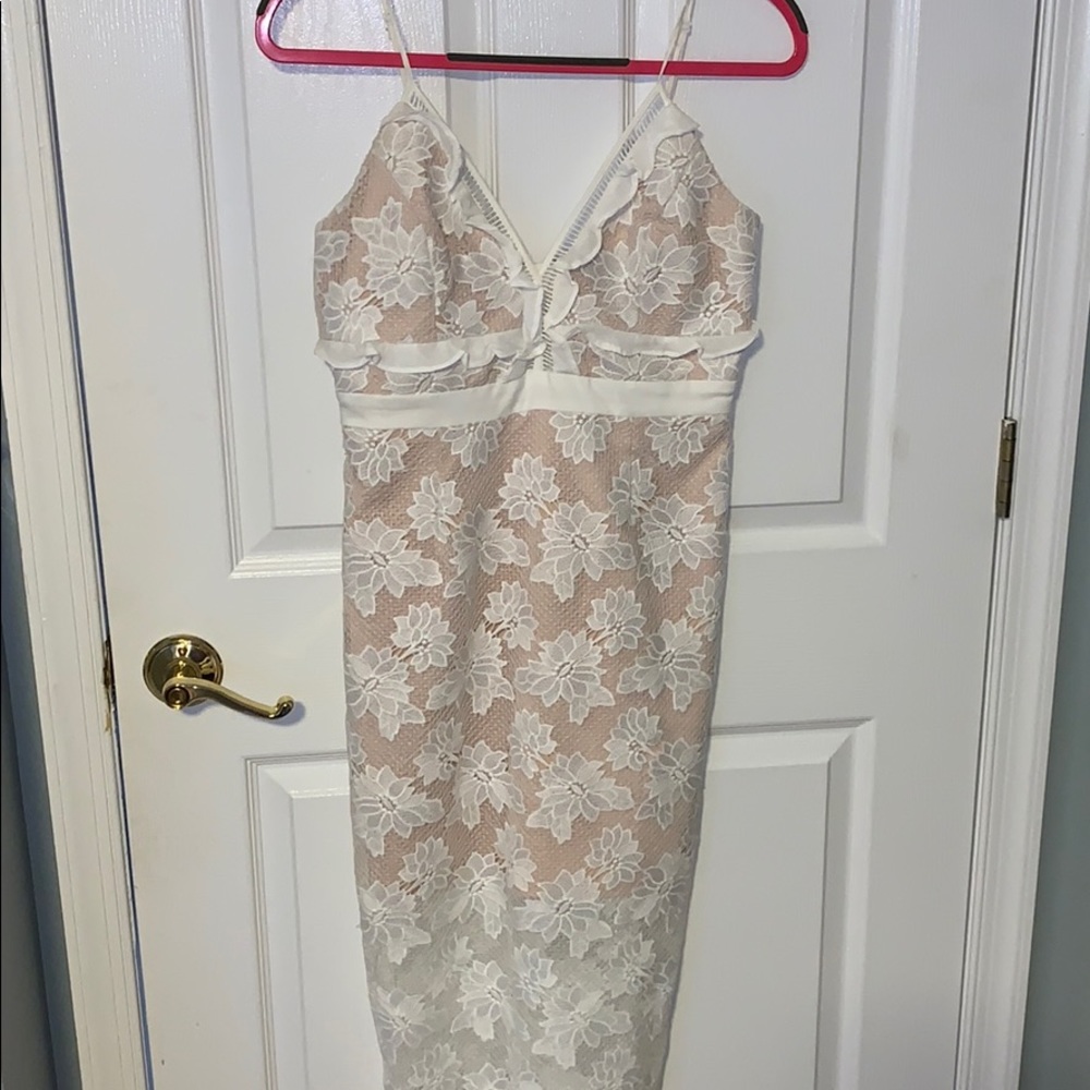 white and nude midi dress